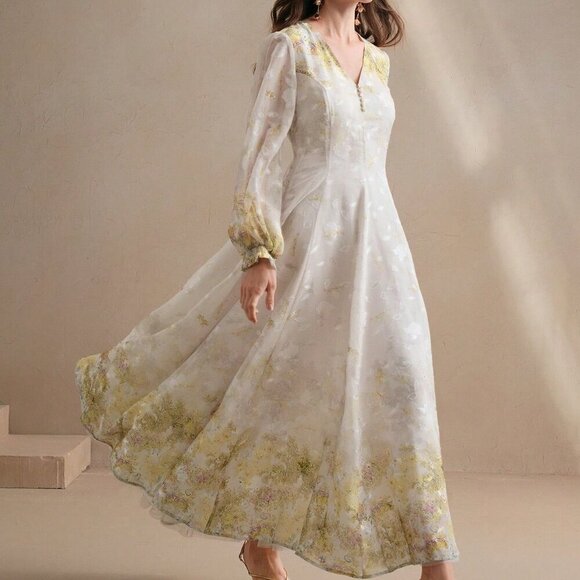 Multicolor Elegant Women's V-Neck Floral Print Sleeve Cottagecore Dress - Picture 4 of 8